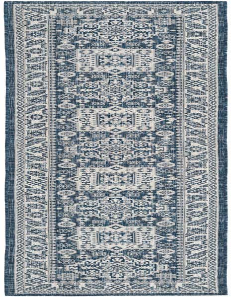 A 12 ft runner rug in shades of blue with a distressed Southwestern and tribal pattern, suitable for a hallway or patio.