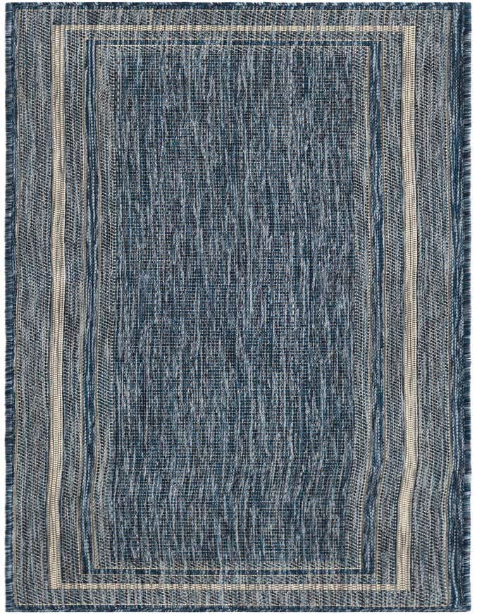 A 6 ft runner rug from the Rugs.com Outdoor Border collection, featuring a textured blue flatweave with a light border, suitable for indoor and outdoor use.