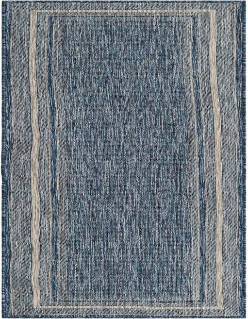 A blue and white striped 8 ft runner rug with a flatweave texture, suitable for indoor or outdoor use.
