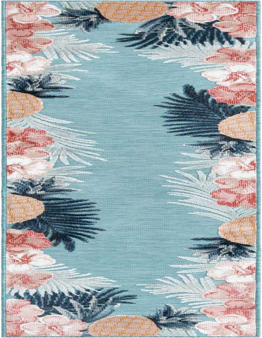 A blue 8 ft runner rug with a tropical botanical pattern featuring pink flowers, pineapples, and palm leaves along the edges.