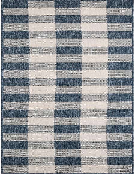 A 12 ft blue and off-white checkered runner rug with a flatweave texture, suitable for a hallway or patio.