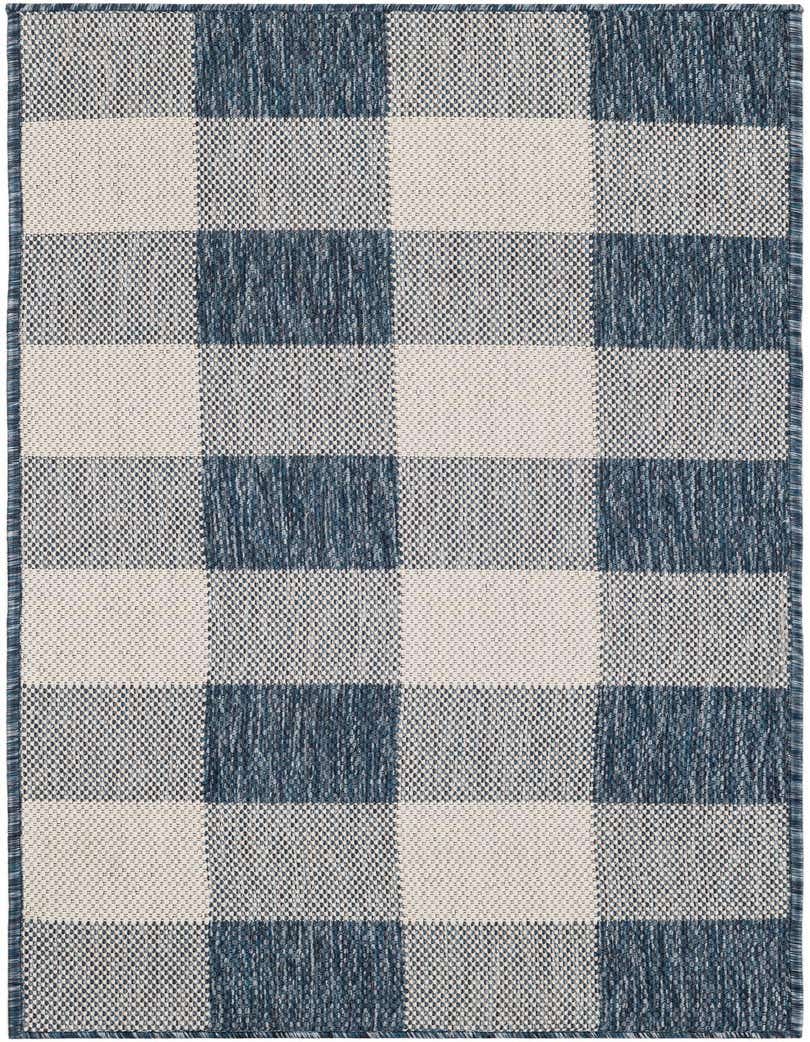 A 5 ft runner rug featuring a large blue and beige checkered pattern, suitable for indoor or outdoor use.
