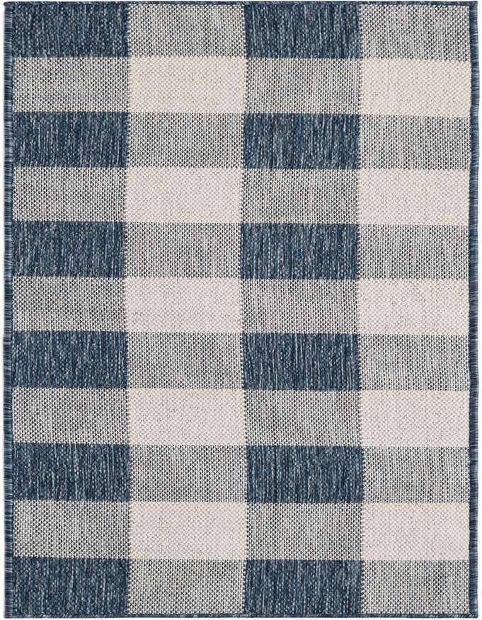 A 6 ft runner rug featuring a large blue and off-white checkered pattern, suitable for a hallway or patio.