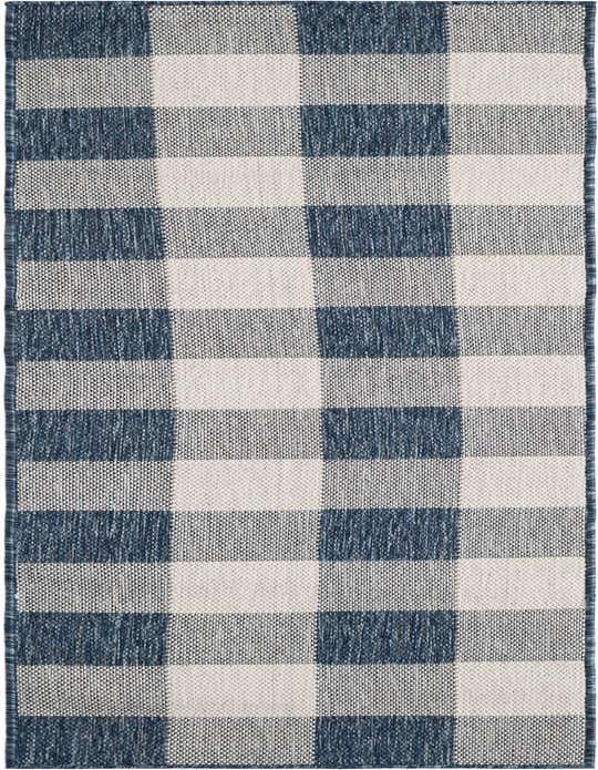 A blue and white checkered 8 ft runner rug, made from polypropylene, suitable for indoor or outdoor use.
