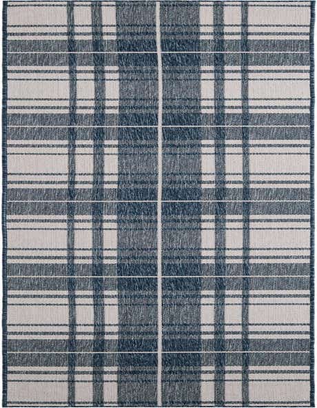A 12 ft runner rug featuring a modern blue and off-white plaid pattern, suitable for a hallway or patio.