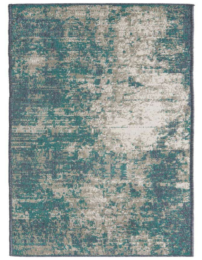 A 6 ft runner rug featuring an abstract, distressed pattern in shades of blue, teal, and beige, suitable for a hallway or patio.