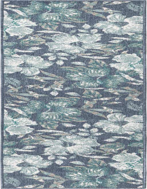 An 8 ft runner rug with a modern botanical floral pattern in shades of blue, teal, and beige on a dark blue background, suitable for a hallway or patio.