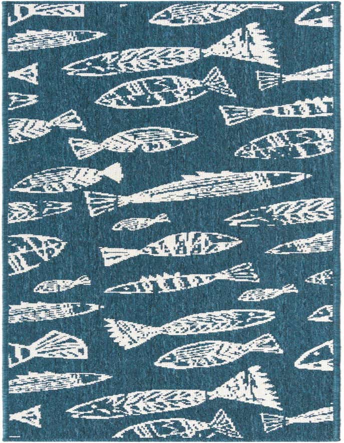 A 6 ft runner rug with a deep blue background and an all-over pattern of various white fish, suitable for indoor or outdoor use.