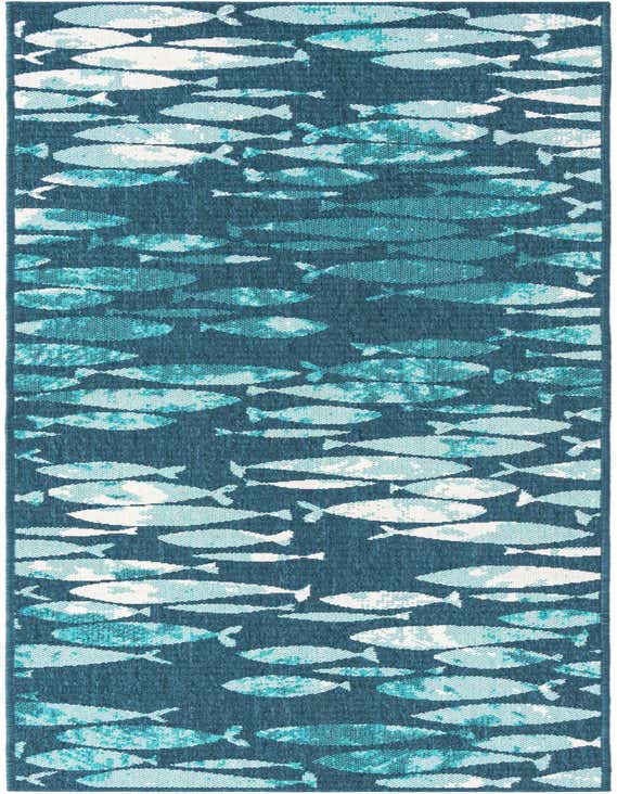 A 10 ft runner rug featuring a modern, beach-inspired pattern of various blue fish on a dark blue background, suitable for a hallway or patio.