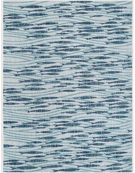 A 12 ft runner rug with a playful blue fish and wave pattern on a light background, suitable for a hallway or patio.
