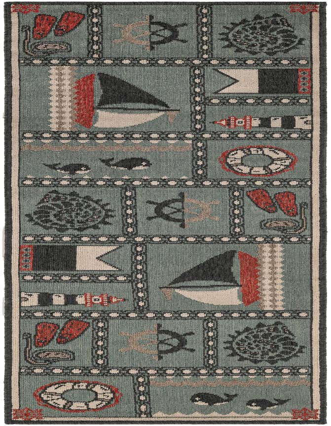 A 6 ft runner rug featuring a modern coastal design with blue, red, and black nautical motifs like sailboats, anchors, whales, and lighthouses, perfect for a hallway or patio.