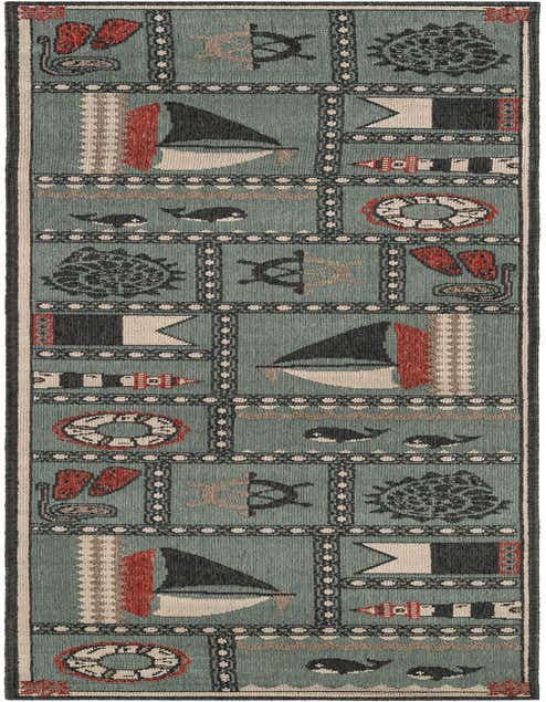 An 8 ft runner rug with a modern nautical pattern featuring sailboats, lighthouses, whales, and diving gear on a blue background, ideal for a hallway or patio.