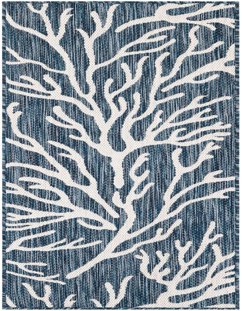 A 5 Ft runner rug with a vibrant blue background and a white coral branch pattern, perfect for a hallway or patio.