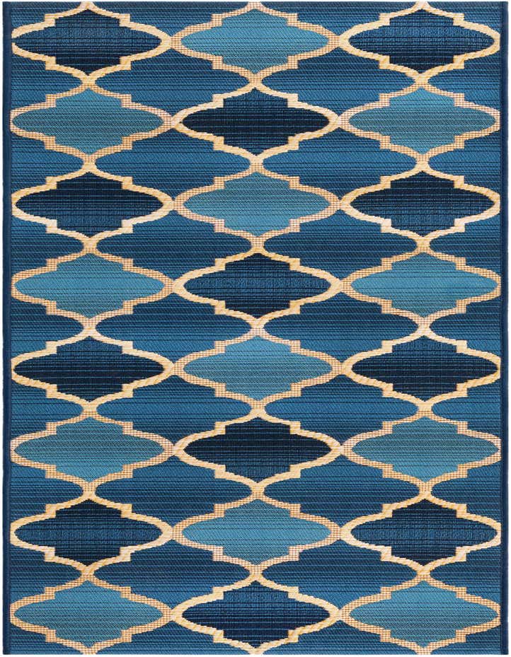 A 6 ft runner rug with a blue trellis pattern, featuring lighter and darker blue ogee shapes outlined in beige, suitable for hallways or patios.
