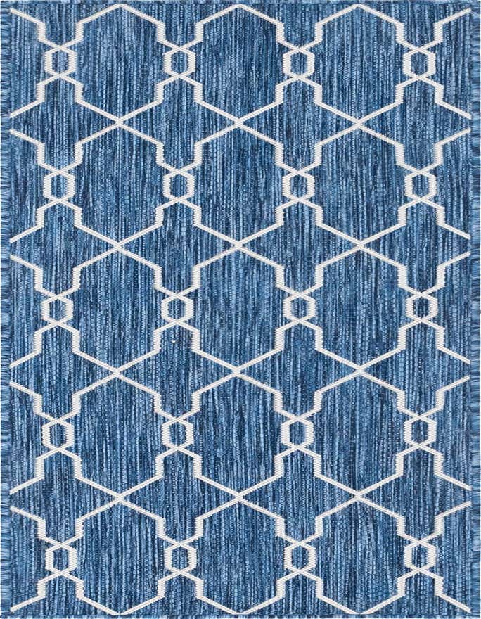 A 6 ft runner rug featuring a repeating white geometric lattice pattern over a textured blue background, suitable for indoor or outdoor use.