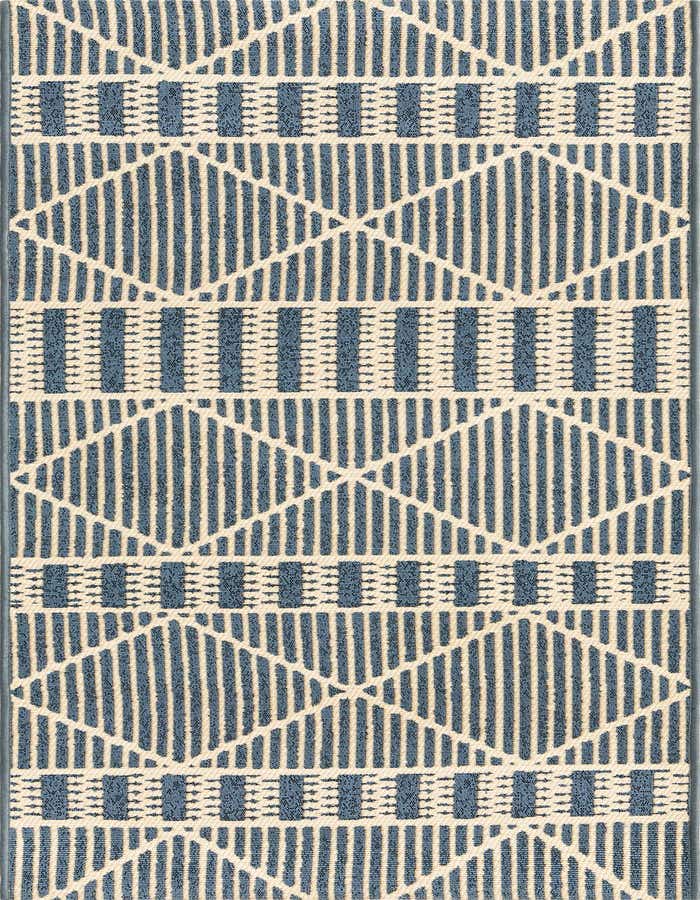 A 6 ft runner rug with a blue and cream tribal trellis pattern, suitable for a hallway or patio.