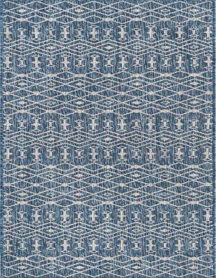 A 12 ft blue and white tribal pattern runner rug, ideal for hallways or patios.