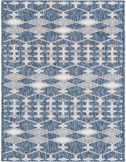 A blue and white 8 ft runner rug with a modern trellis pattern, suitable for indoor or outdoor use.