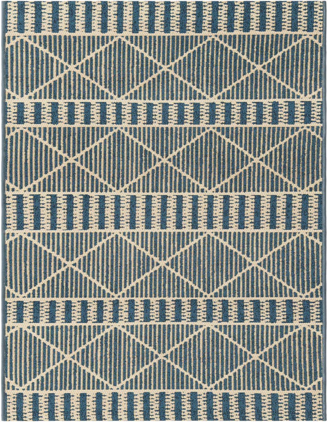A 5 ft runner rug from the Outdoor Lattice collection, featuring a blue and cream transitional tribal trellis pattern, ideal for hallways or patios.