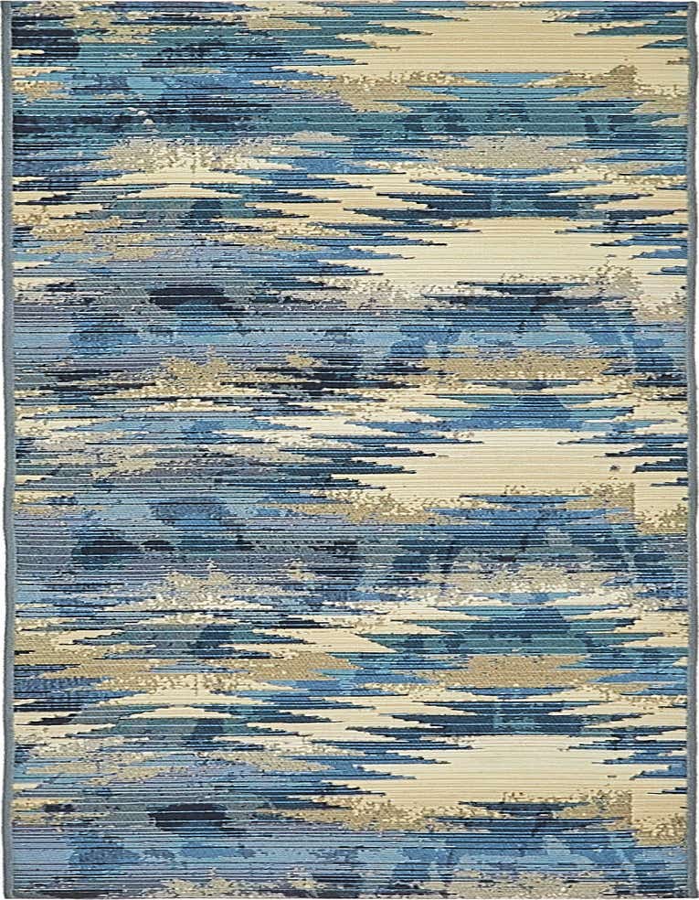 A 6 ft runner rug with an abstract, eclectic pattern in shades of blue, beige, and gray, suitable for a hallway or patio.