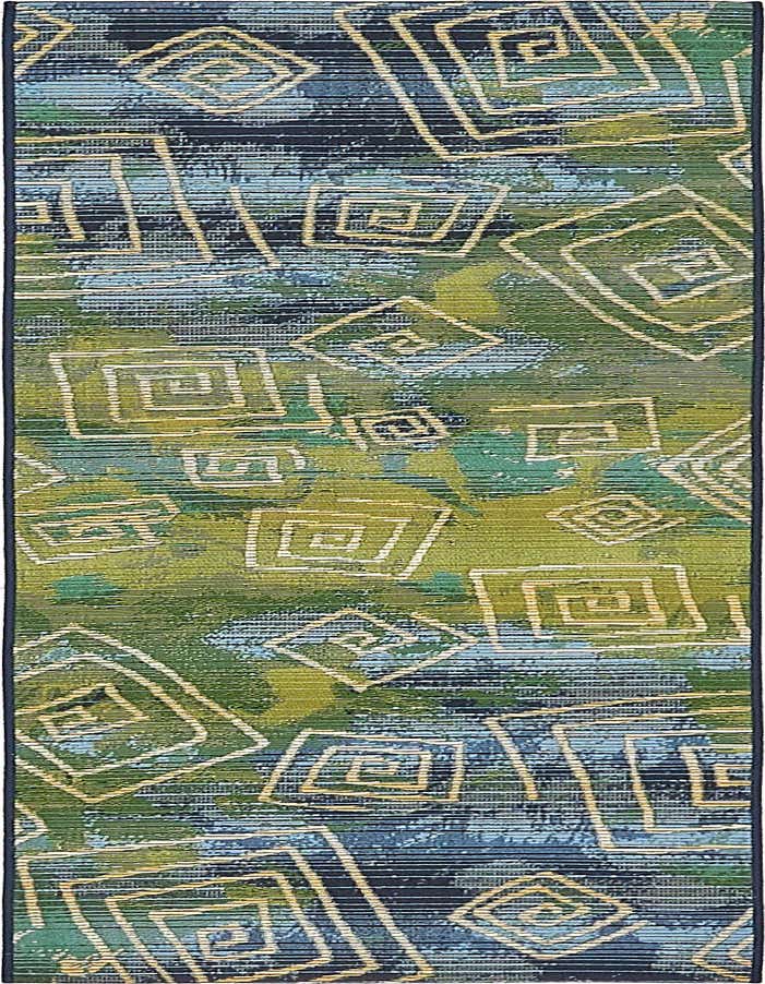 A 6 ft runner rug with an abstract bohemian pattern in shades of blue, green, and gold, featuring tribal-inspired geometric shapes.