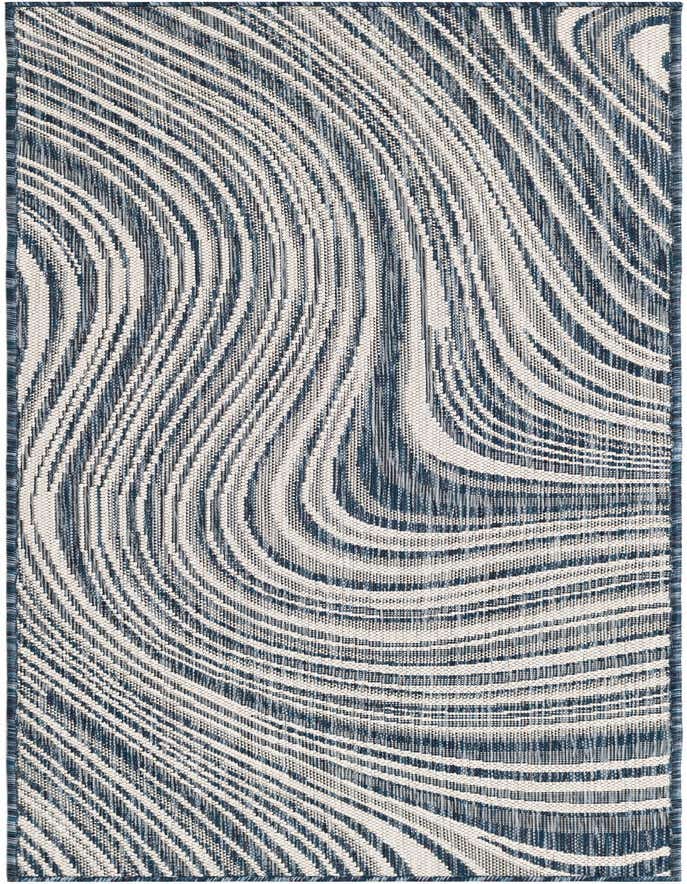 A 6 ft runner rug with a wavy, modern pattern in shades of blue and off-white, suitable for indoor or outdoor use.