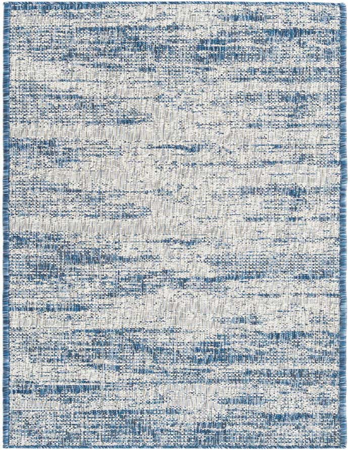 A 6 ft runner rug featuring an abstract, distressed pattern in various shades of blue and white, suitable for indoor or outdoor use.