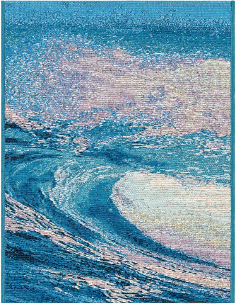 A 5 ft runner rug with a vibrant blue and white abstract wave pattern, perfect for a hallway or patio.