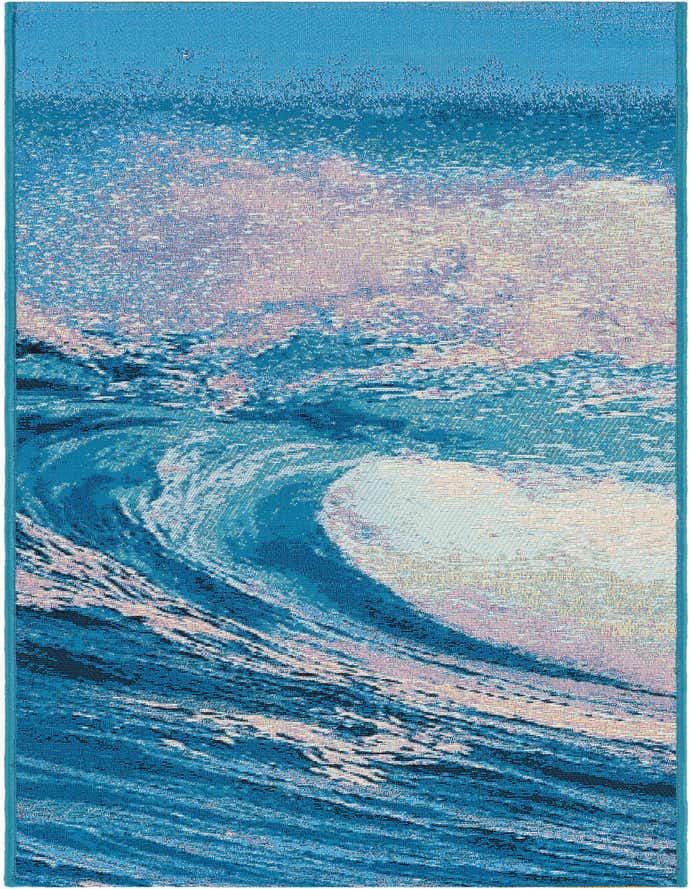 A 6 ft runner rug featuring a dynamic blue and white abstract ocean wave design, ideal for a hallway or patio.