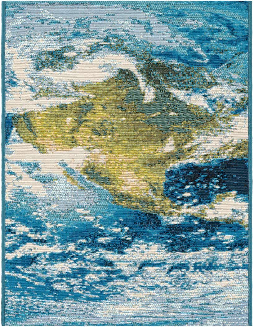 A 5 ft runner rug featuring an abstract, modern design with various shades of blue, white, and hints of yellow-green, suitable for indoor or outdoor use.