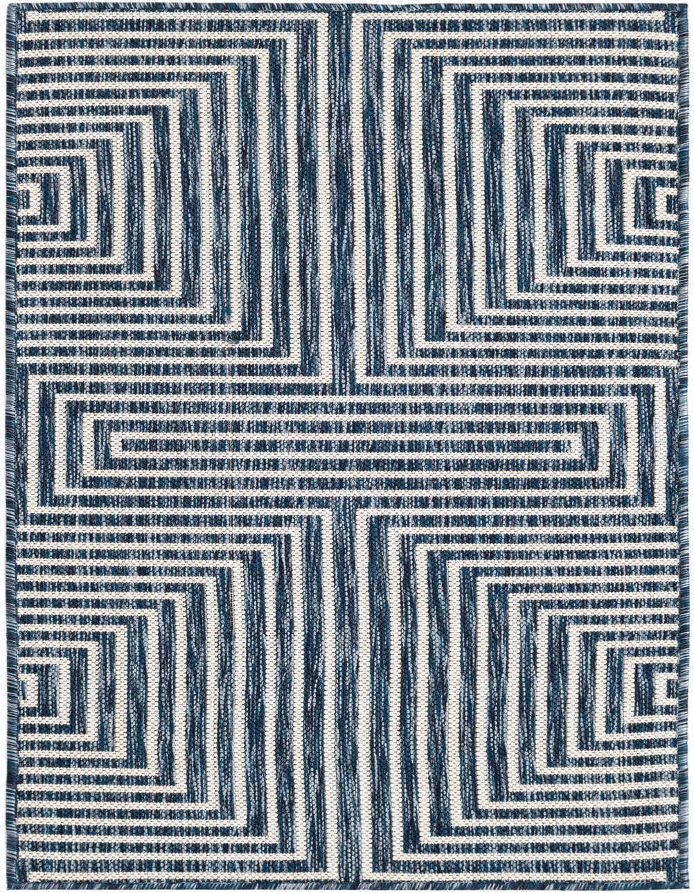 A 4 ft runner rug in shades of blue and white, featuring a modern abstract geometric pattern of interlocking lines, ideal for a hallway or patio.