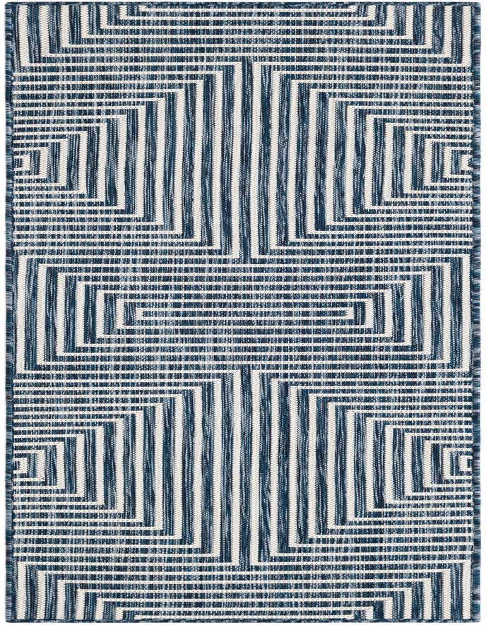 A 6 ft runner rug featuring a modern abstract geometric pattern in varying shades of blue and white, suitable for indoor/outdoor use.