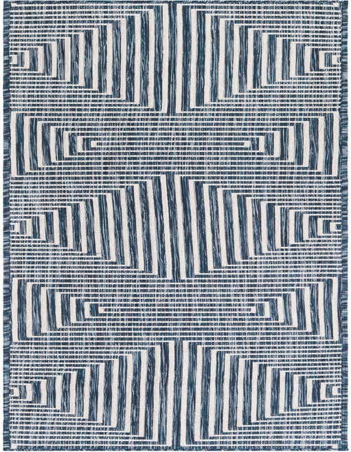 An 8 ft runner rug with a modern abstract geometric pattern in varying shades of blue and white, suitable for a hallway or patio.