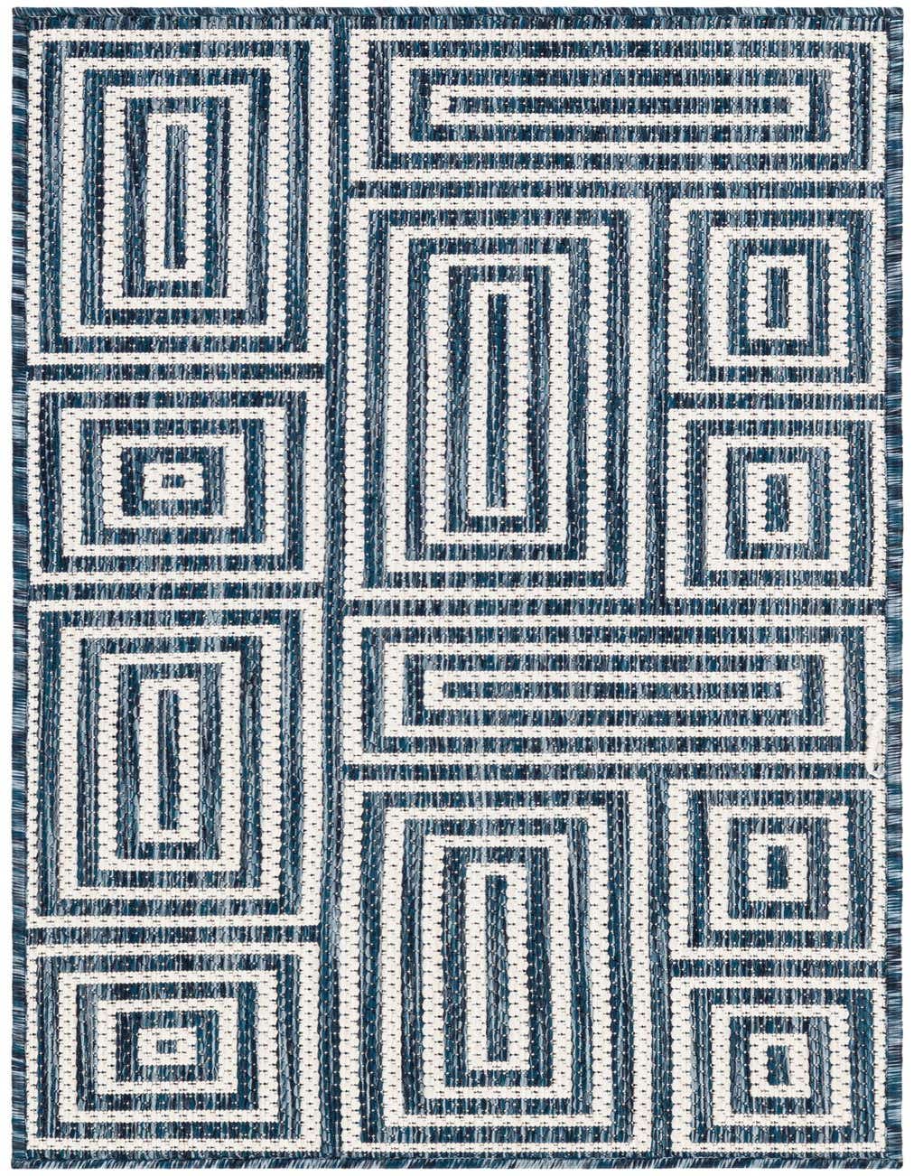 A 4 ft runner rug featuring a modern abstract geometric pattern in varying shades of blue and white, suitable for a hallway or patio.