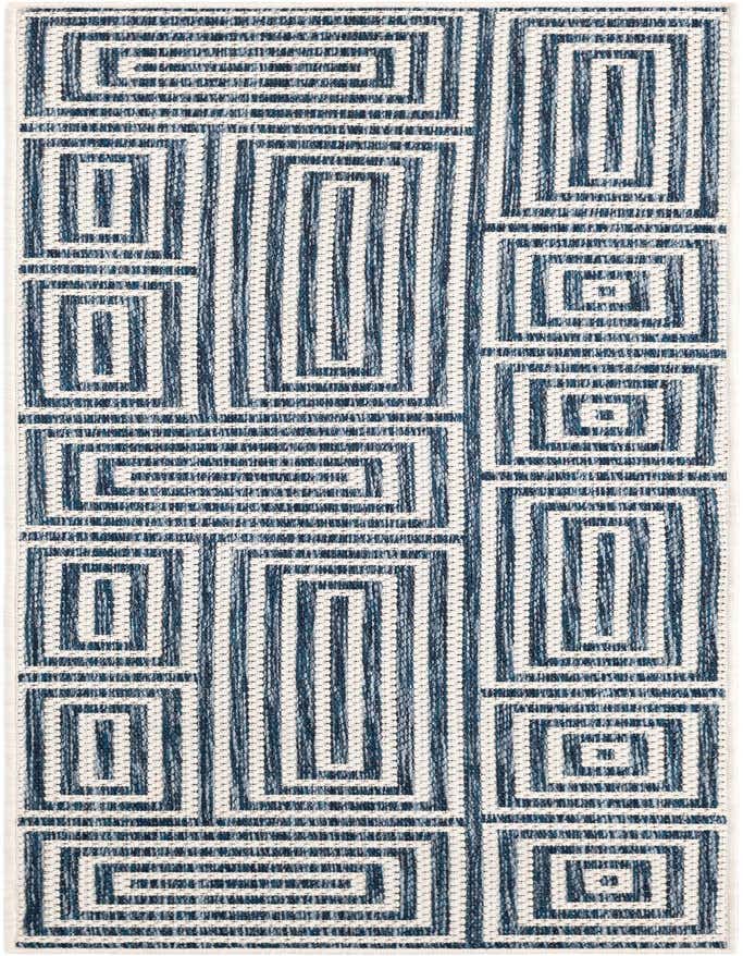 A 6 ft runner rug featuring a modern abstract pattern of interlocking blue and white rectangles and lines, suitable for hallways or patios.