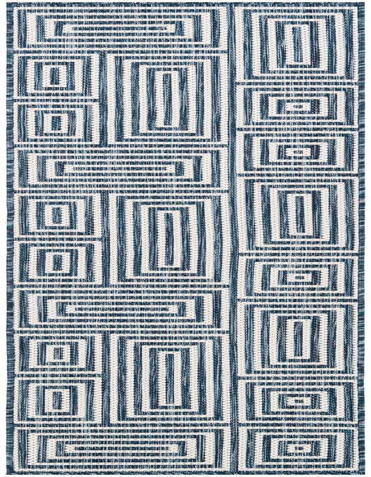 A blue and white 8 ft runner rug with a modern abstract geometric pattern of interlocking rectangles, suitable for indoor/outdoor use.