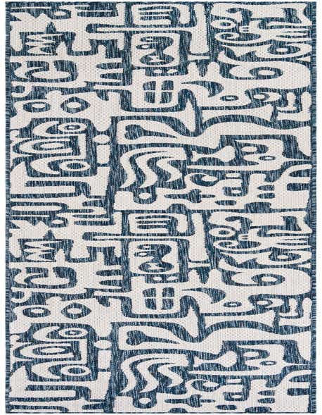 A 12 ft runner rug featuring a modern abstract pattern in shades of blue and off-white, perfect for a hallway or patio.