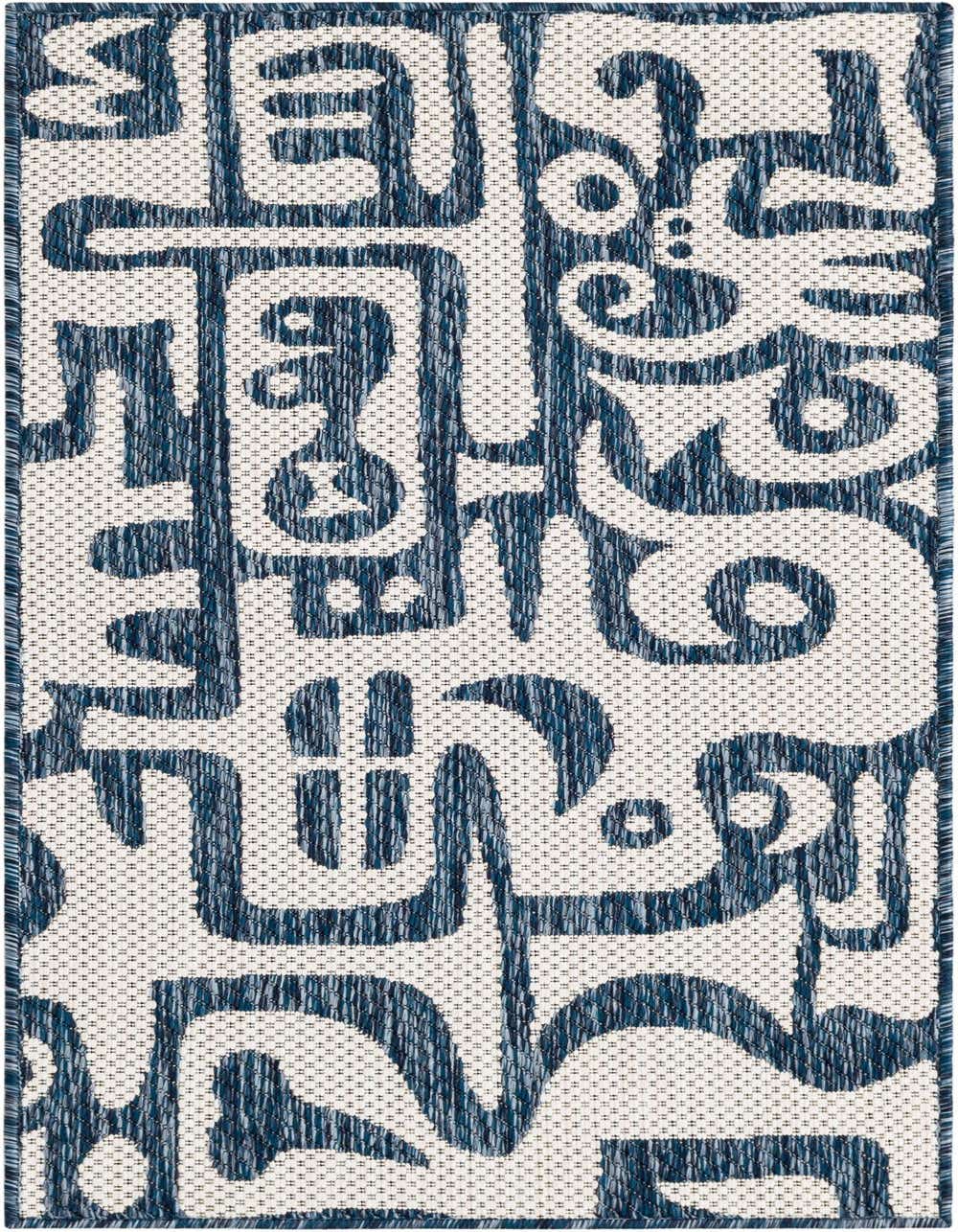 A 4 ft runner rug featuring a modern abstract pattern in varying shades of blue on a light background, suitable for indoor or outdoor use.