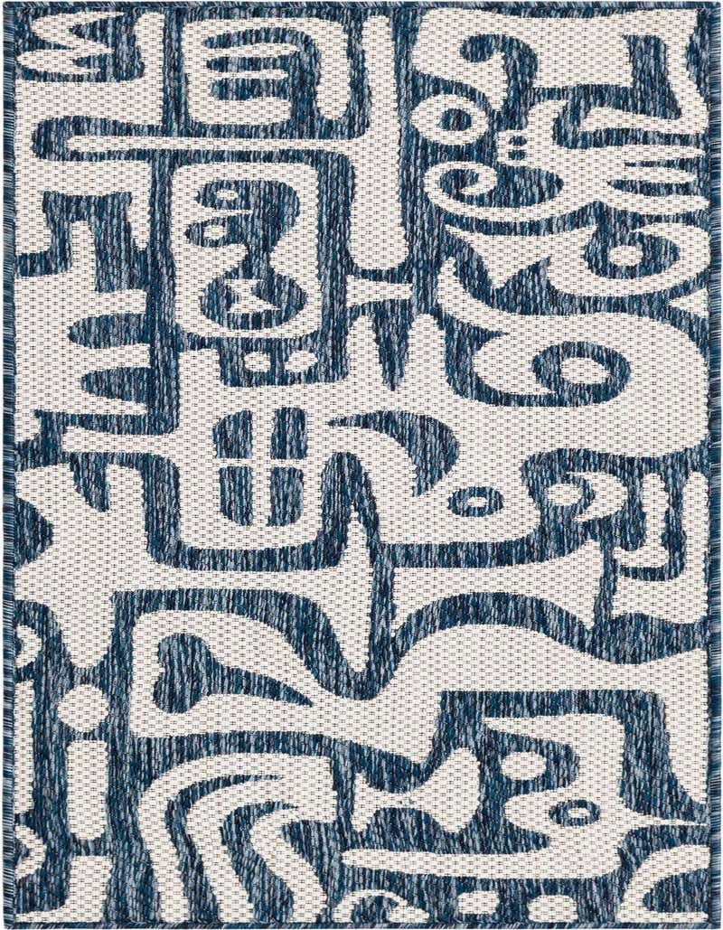 A 5 ft runner rug featuring a modern abstract pattern in varying shades of blue on a light beige background, suitable for a hallway or patio.