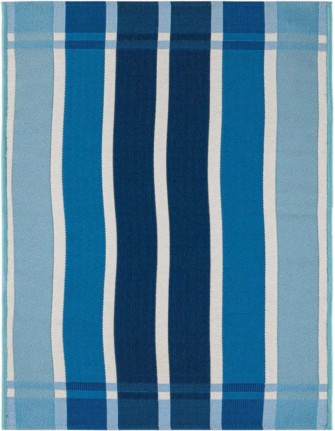 A 6 ft runner rug with vertical stripes in varying shades of blue and white, suitable for indoor/outdoor use.