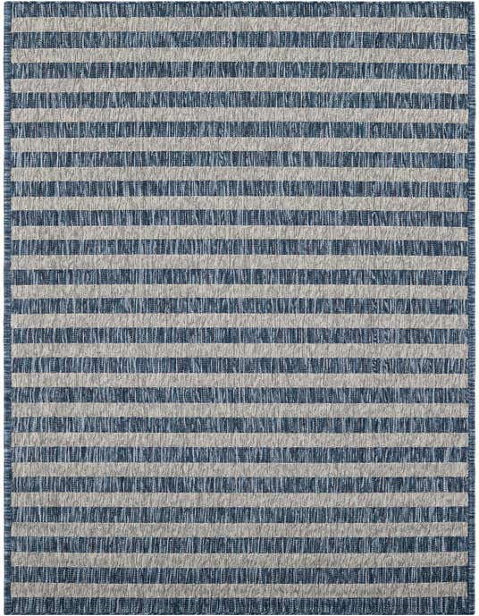 A 10 ft runner rug with alternating wide stripes of textured navy blue and light grey, suitable for a hallway or patio.
