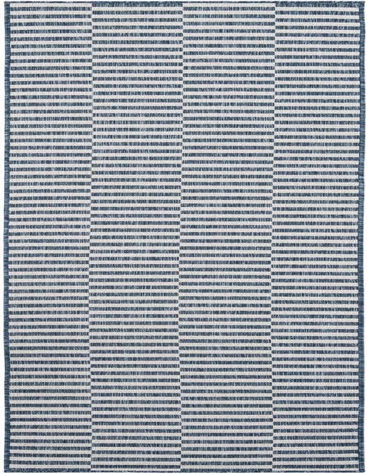 A 10 Ft Runner rug from the Outdoor Ribbon collection, featuring a modern blue and white stripe pattern, suitable for indoor/outdoor use.