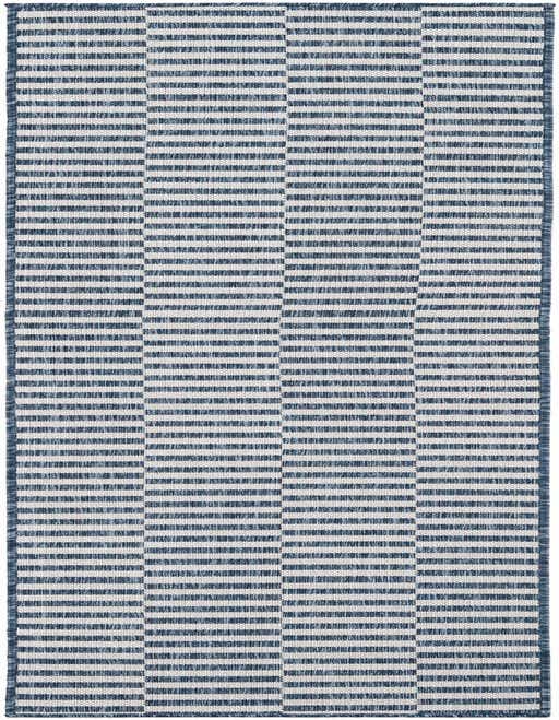 A blue and white striped 8 ft runner rug with a modern geometric pattern, suitable for indoor or outdoor use.