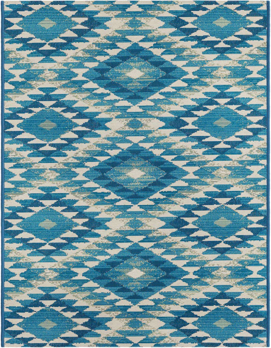 A 5 ft runner rug featuring a repeating Southwestern geometric pattern in various shades of blue and cream, suitable for a hallway or patio.