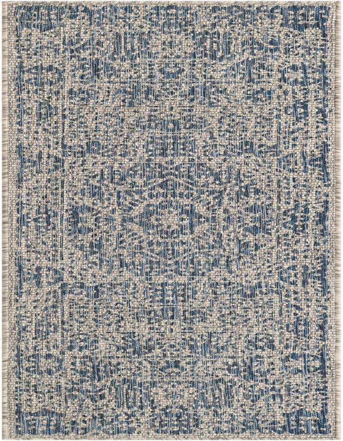 A 6 ft runner rug with a Southwestern medallion pattern in varying shades of blue and off-white, suitable for indoor or outdoor use.