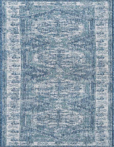 A 12 ft blue runner rug with a distressed Southwestern pattern and a light border, ideal for hallways or patios.