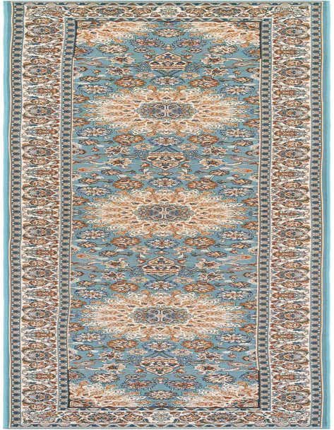 A 12 ft blue runner rug with a traditional oriental medallion pattern in cream, brown, and hints of blue, suitable for a hallway or patio.