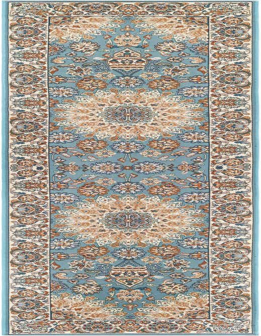 An 8 ft runner rug with a traditional Oriental medallion pattern in shades of blue, cream, and rust, suitable for a hallway or patio.