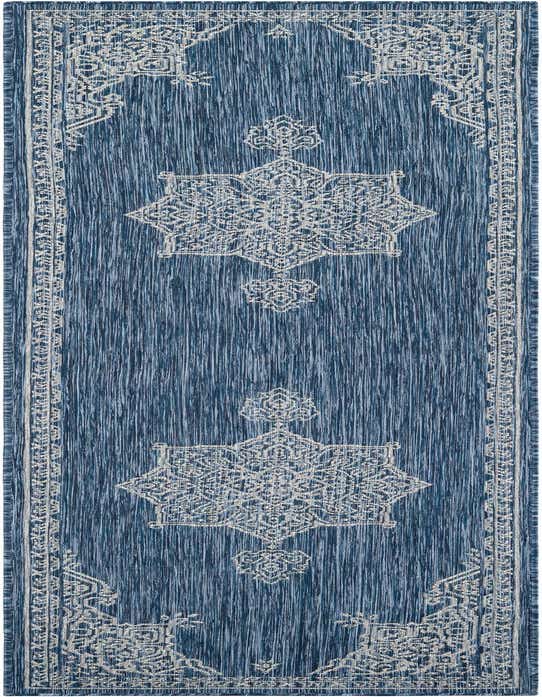 A 10 ft runner rug in shades of blue with a white traditional medallion and border pattern, suitable for indoor or outdoor use.