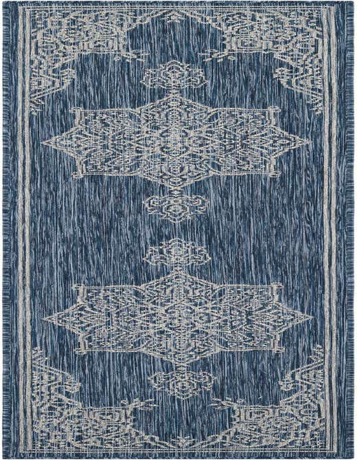 A blue and white 8 ft runner rug with an intricate traditional medallion pattern, ideal for a hallway or patio.